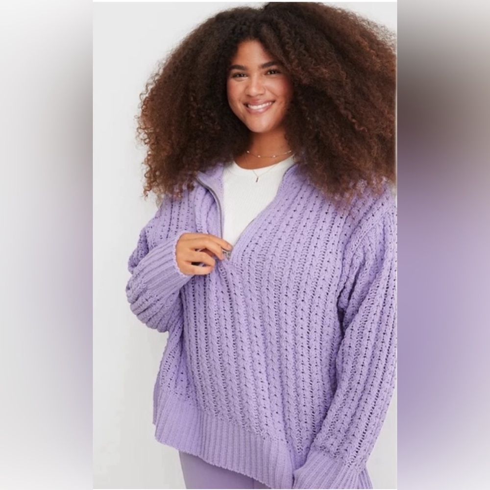 Aerie Cable Car Quarter Zip Sweater Purple Chunky Chenille Knit Cozy Soft Girl